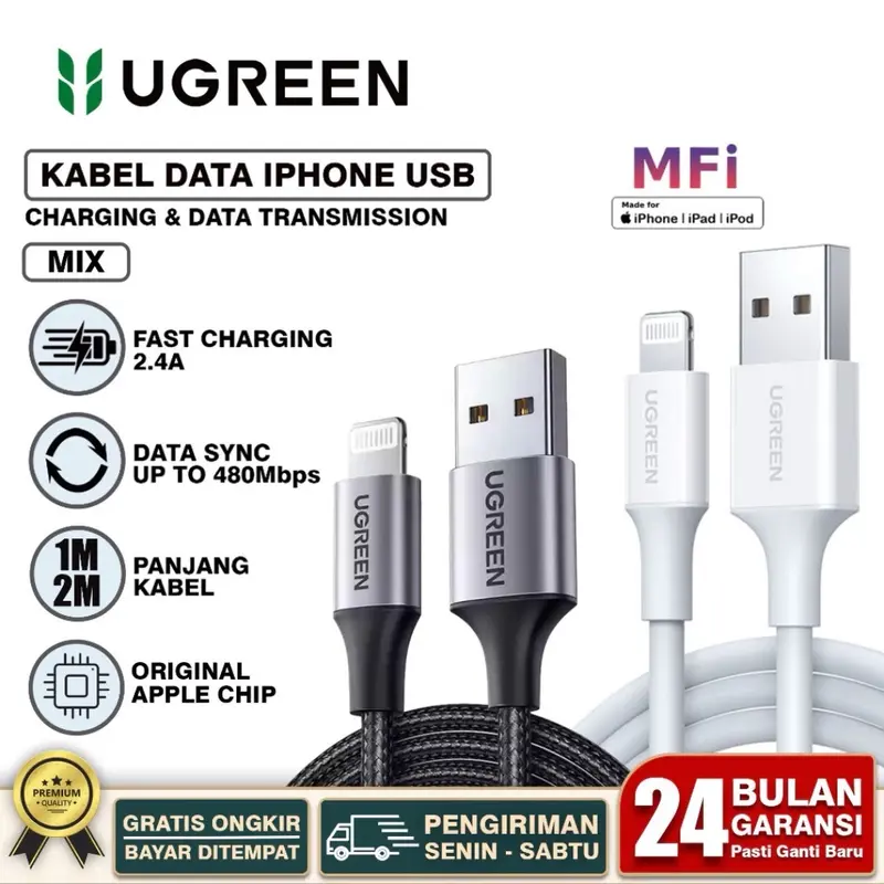 UGREEN Kabel Data iPhone Bersetifikat MFI USB-A To Lightning Fast Charging Nylon Braided Cable Panjang 0