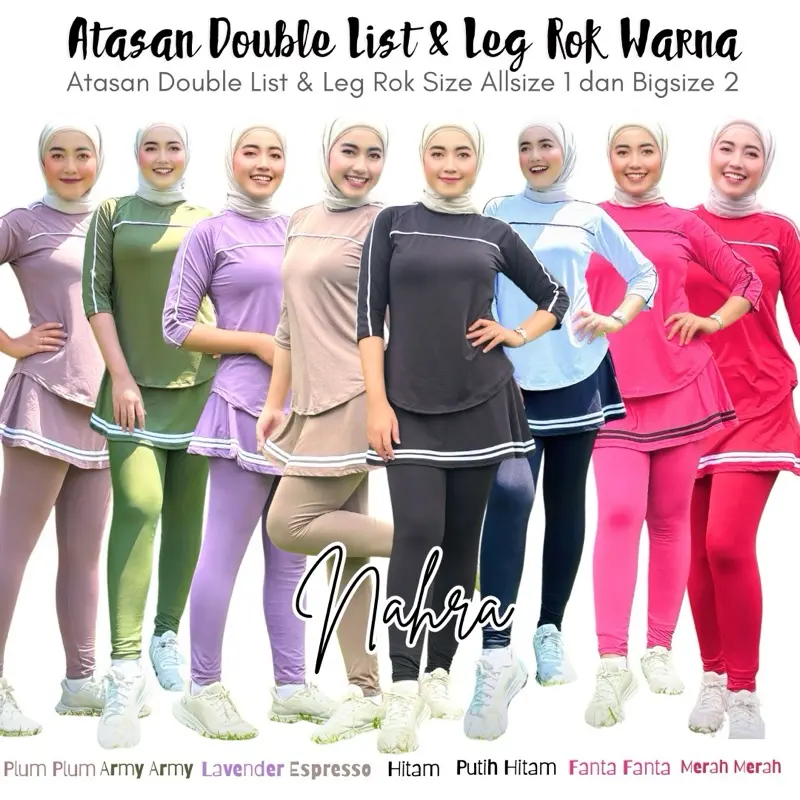 Nahra-Setelan Atasan Double List dan Legging Rok List 8Warna untuk Outfit Senam Olahraga & Aktifitas Harian Wanita