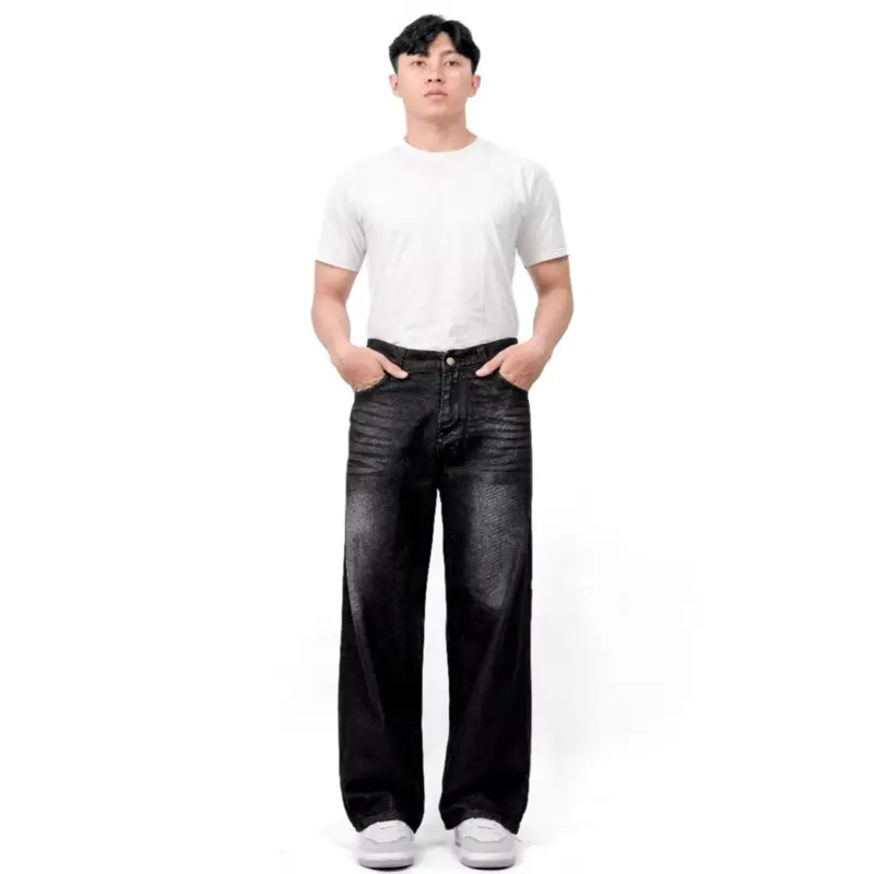 (UNISEX) Celana Jeans Wide Leg Wisker Lebar Gombrong Skena Black -Basic Baggy Pants Hitam - Panjang Pria Denim Straight - Non  Stretch - Non  Slim Fit 5