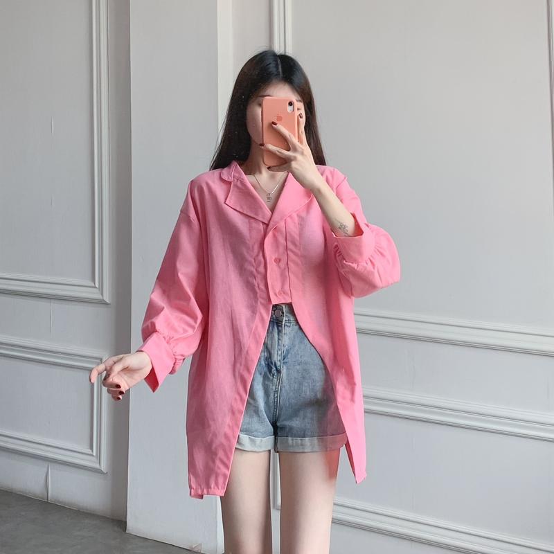 (Posy) Atasan Wanita Plain Hoppy Blouse Bahan Katun Denim Kemeja Polos Wanita Kancing 7