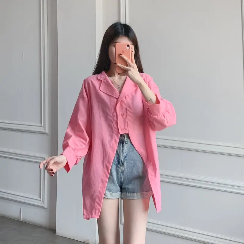 (Posy) Atasan Wanita Plain Hoppy Blouse Bahan Katun Denim Kemeja Polos Wanita Kancing 6