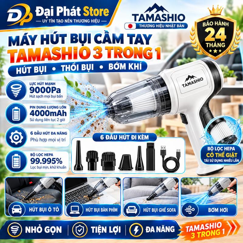 Máy Hút Bụi Cầm Tay Mini, Máy Hút Bụi Ô Tô TAMASHIO Nhật Bản 3 Trong 1 Hút - Bơm - Thổi, 6 Đầu Hút Thay Thế, Lực Hút 9000Pa, Pin 4000mAh