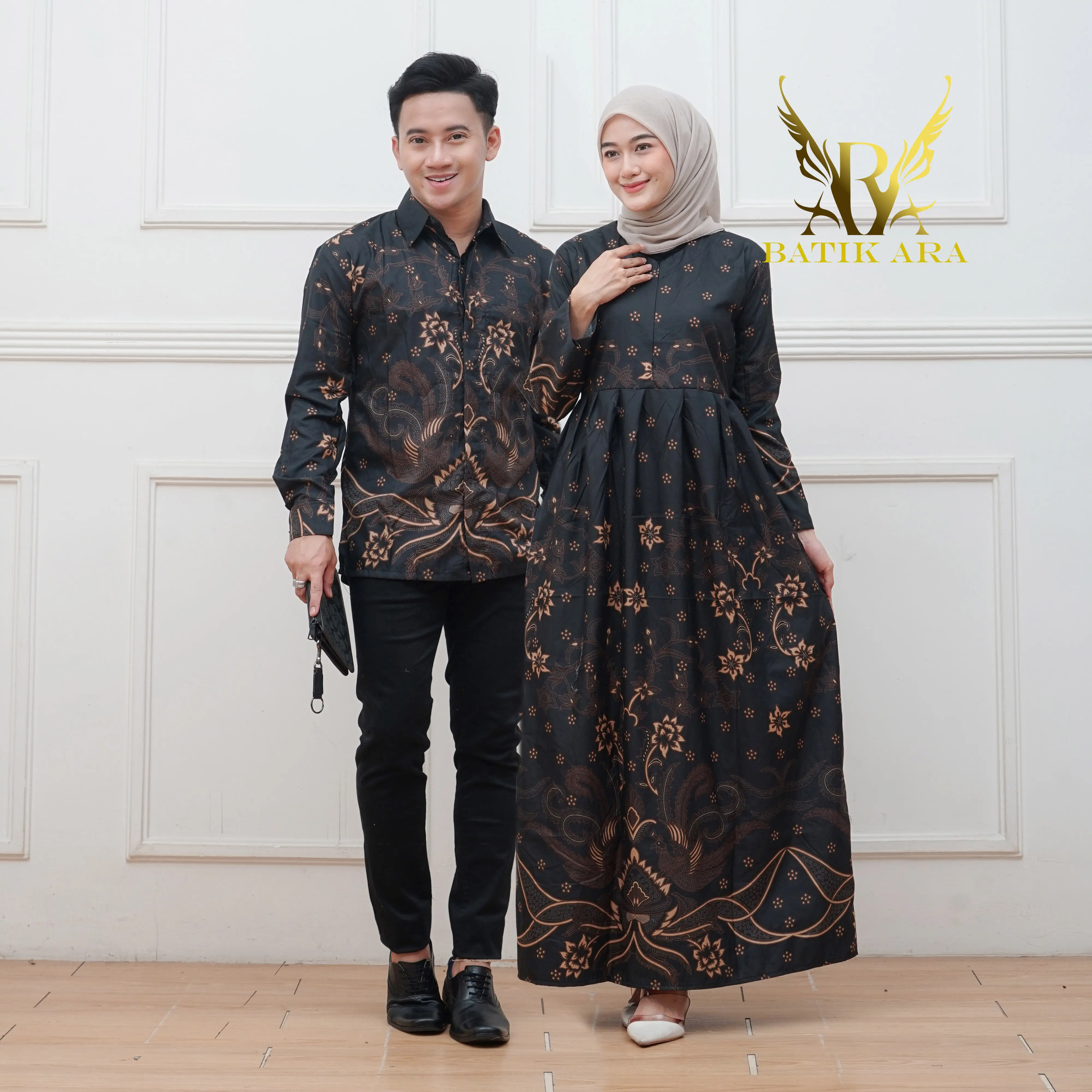 harga paket sepasang bajucouple batik sarimbit batik keluarga gamis dan kemeja lengan panjang Muslim Dewasa Katun Pasangan Kondangan Dress Wanita Seragam Kombinasi Mewah Hitam Pesta
