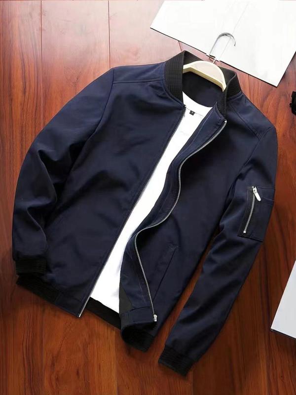 Men's Solid Zip Up Bomber Jacket, Regular Fit Casual Baseball Collar Long Sleeve Outerwear for Spring & Fall, Fashion Men's Clothes for Daily Wear, Coats 2