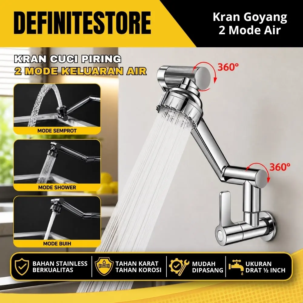 DF Kran Cuci Piring Kran Dapur Kran Sink Flexible Kran Putar 360 Derajat Keran Wastafel Cuci Piring Keran Dapur Flexsibel Kran 1/2 inch Tembok kepala Air Lipat Dinding Angsa Shower