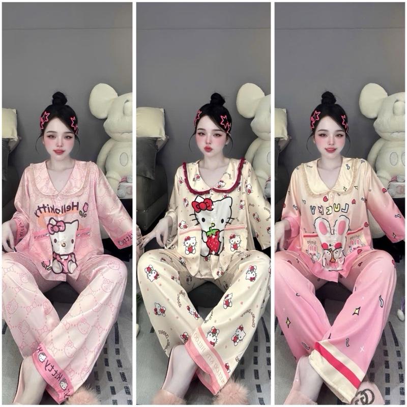 Đồ bộ nữ mặc nhà tay dài cổ sen bèo from cánh dơi chất LỤA LATIN TƠ TẰM  hoạ tiết dễ thương mặc bốn mùa