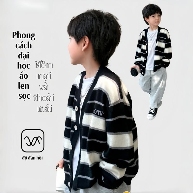  Áo khoác len cardigan sọc đen trắng cho bé trai bé gái – form rộng Hàn Quốc cao cấp chất len mềm mịn dễ phối đồ size 120–170 