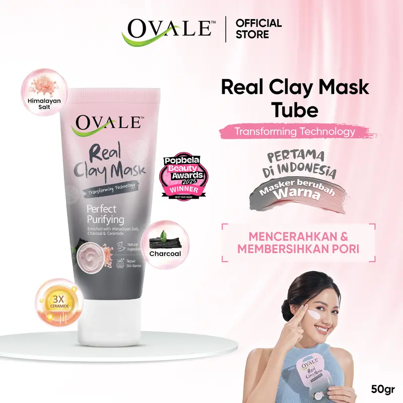 Ovale Real Clay Mask Perfect Purifiying Tube 50g| Masker Wajah Kulit Kusam 50g | Clay Mask Estrak Himalayan Salt & Charcoal 0