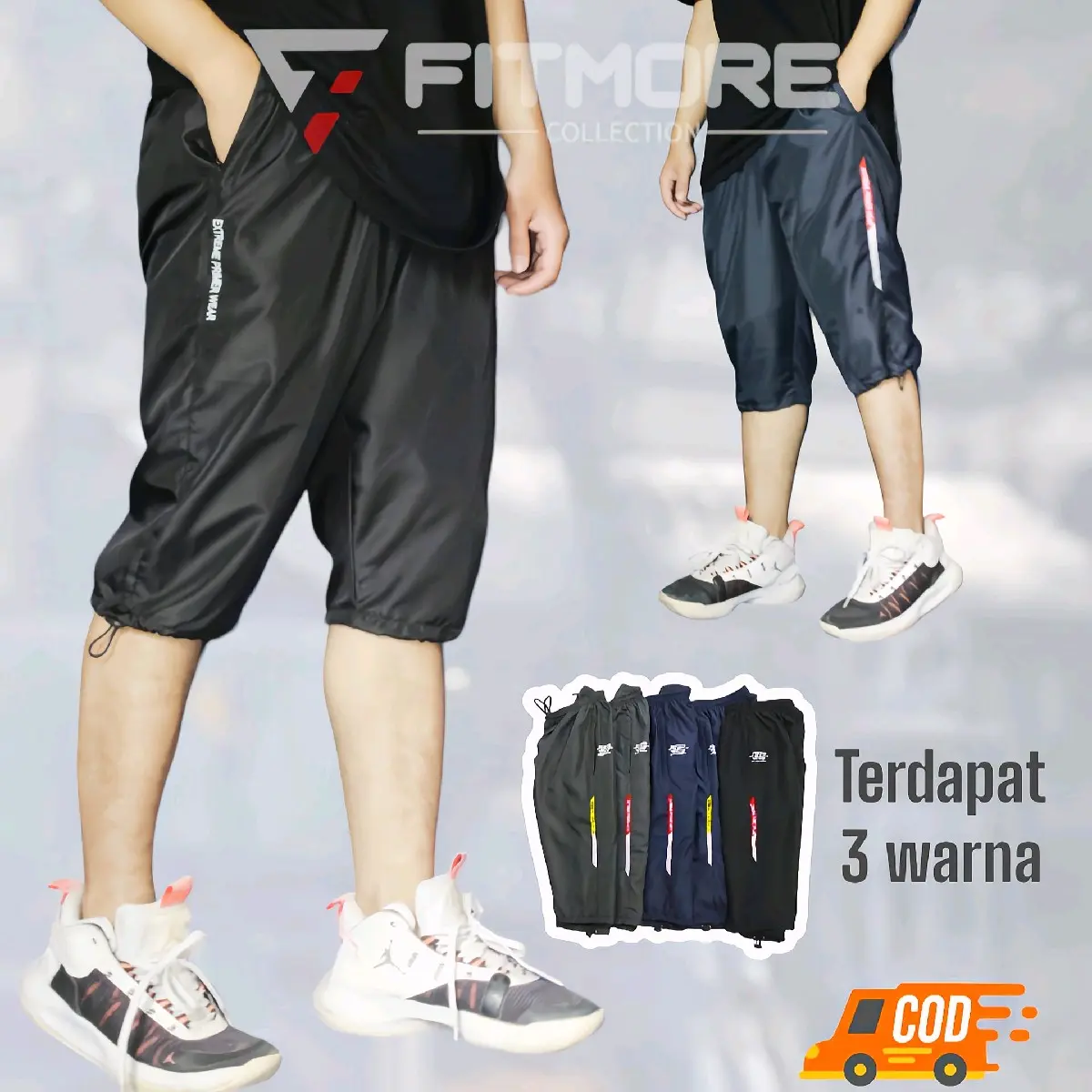 Fitmore Collection + Celana 3/4 Bahan Parasut dewasa+Nyaman di pake tidak Bikin Gerah Sport Olahraga running cuci kering voly ball hitam