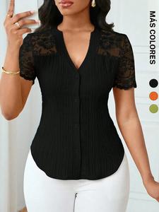 Camisa casual simple de color sólido para mujer, estilo veraniego, ropa de oficina de diseño liso para mujer, blusa cómoda y elegante