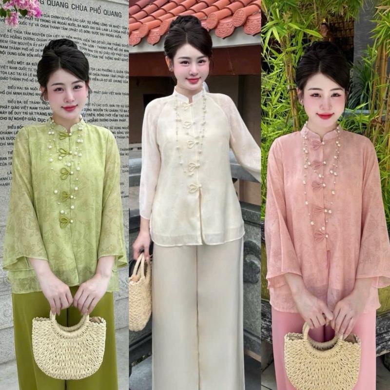   Ảnh Thật  Bộ Pháp Phục Liễu Châu ̂̃Nút Thỏ Bộ Lam Đi Chùa Xinh 