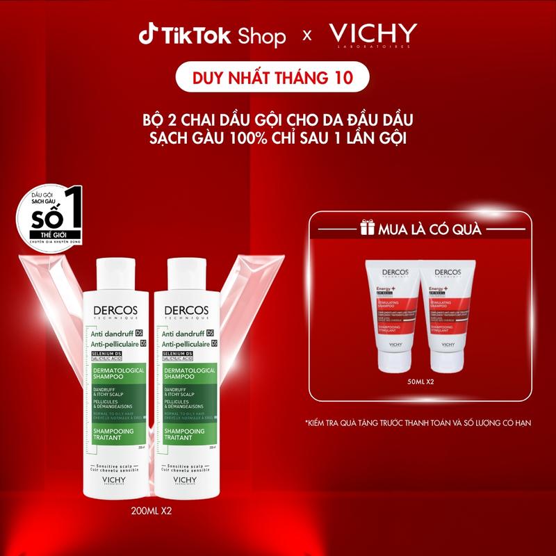 Bộ đôi dầu gội giúp sạch gàu dành cho da đầu dầu & ngứa Vichy Dercos Anti Dandruff 200ml x2_haircare nam và nữ_ dùng được trên mọi nền da đầu nhạy cảm