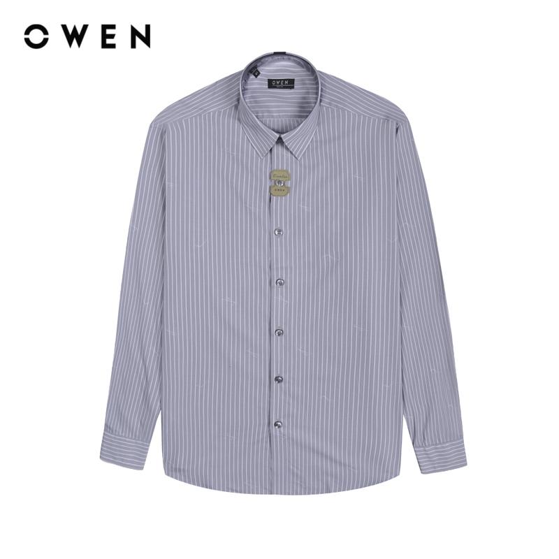 OWEN - Áo sơ mi nam dài tay Không túi Slim Fit AS230608D màu Xám chất liệu Bamboo Hoạ tiết Kẻ sọc Menswear