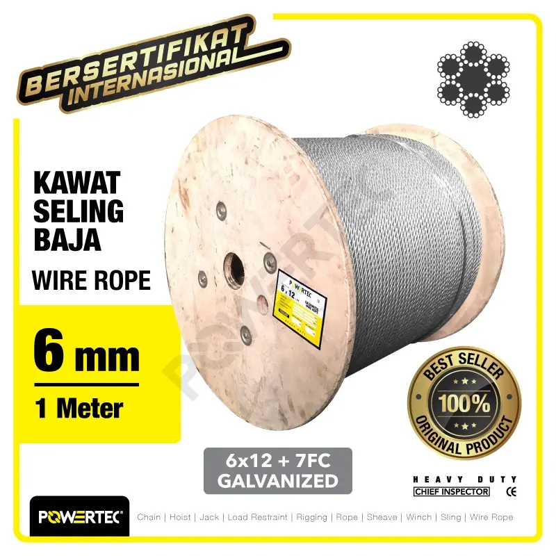 POWERTEC Wire Rope / Kawat Seling Baja 6x12 7FC 6mm Galv - 1 Meter