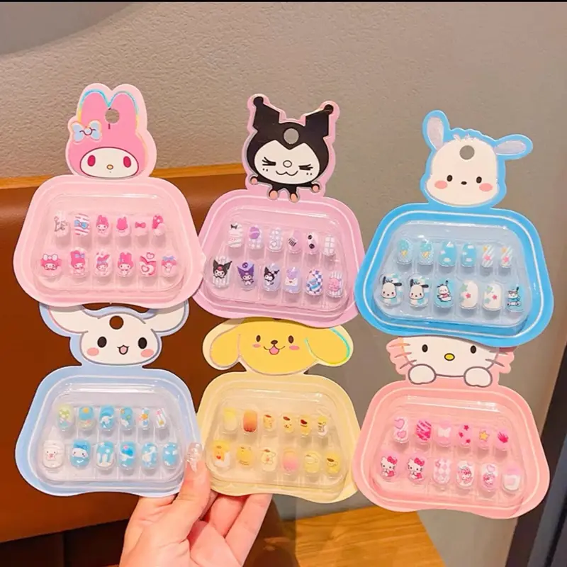 ￼Mainan Kuku Palsu anak karakter Santrio Kuromi Melody Hellokitty 12pcs langsung pasang