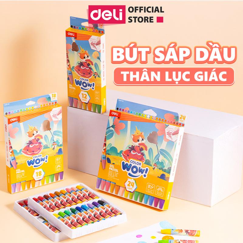 Bút sáp dầu thân lục giác Deli - Hộp 12 18 24 màu an toàn màu sắc tươi sáng tô tranh vẽ mỹ thuật an toàn cho trẻ