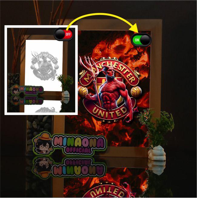 LAMPU HIAS BOX 3D - Hiasan Meja Minimalis 3D dengan Bingkai Kayu Motif Natural dan Kaca Akrilik Tebal 2mm, Full Set untuk Dekorasi Meja, Dinding, atau Lampu Tidur EDISI REAL MADRID, BARCELONA, MANCHESTER UNITED, LIVERPOOL childhood floating moon Merah 2