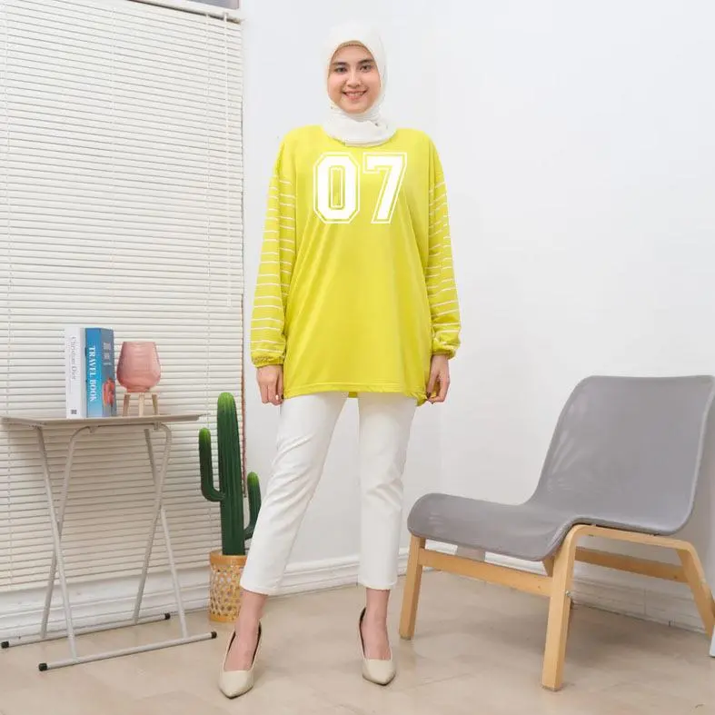 Baju Kaos Wanita Oversize Lengan Karet Salur Motif Angka 07 Print Babyterry - Panjang, Atasan 6