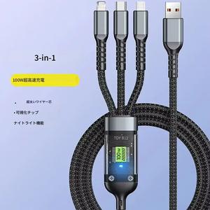3 in 1 100W 透明パイロットランプ スーパー急速充電ケーブル Type C/USB/Micro対応 iPhone/Samsung/Huawei/Xiaomi用 6Aコネクター ス마트フォン 携帯電話 充電器 電子黒