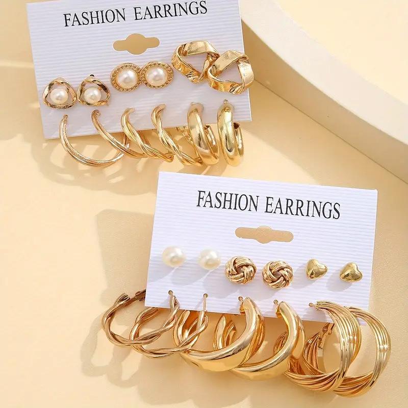 Anting-anting Mutiara Geometris Emas Retro 12 Pasangan Populer Set - Anting-anting Hadiah Grosir Seluk Kepala Muslim Wanita