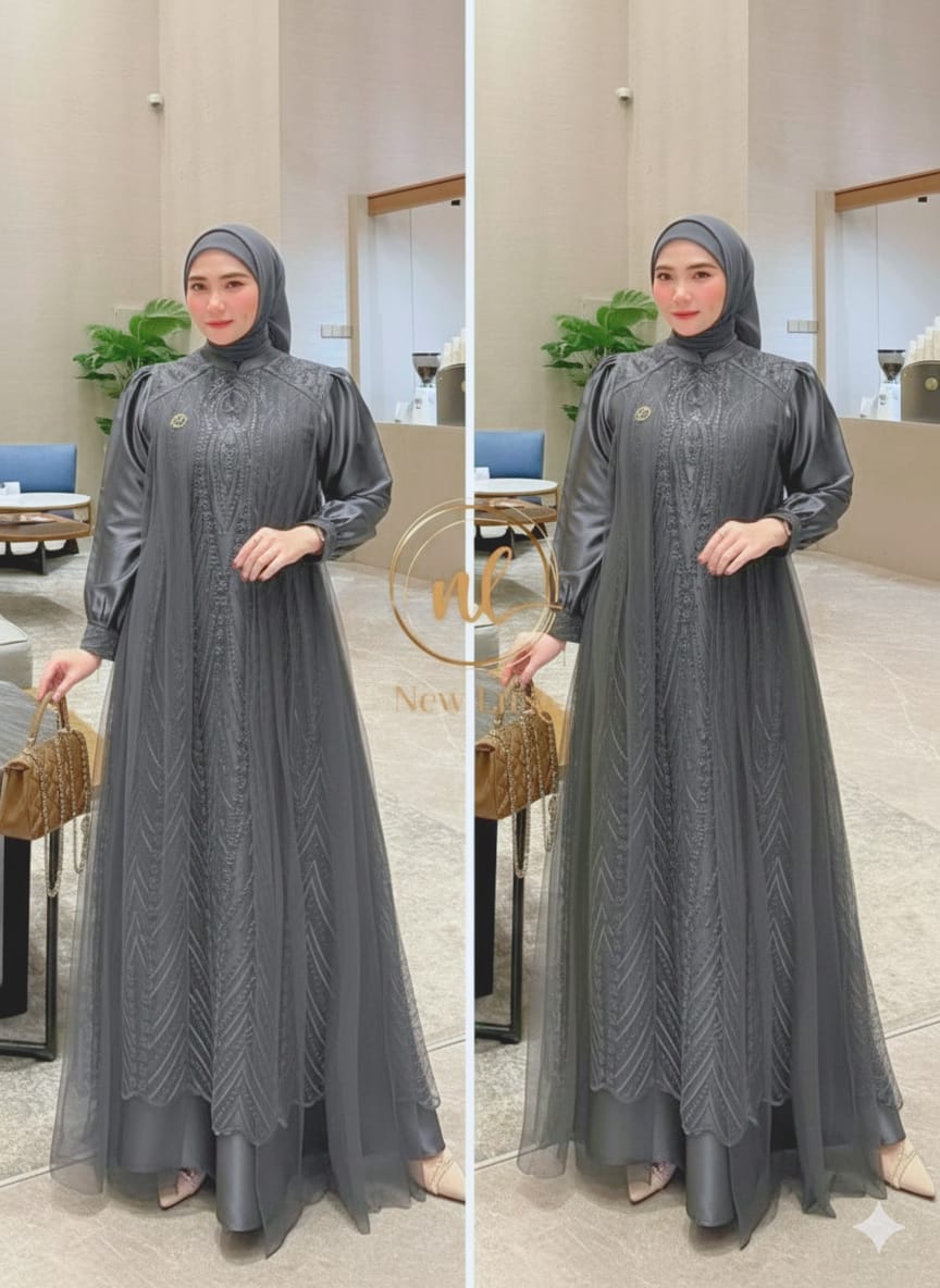 Leya Dress Bahan Satin Velvet Mix Brukat Tille Gamis Pesta Kondangan Simpel Elegant Warna Mahogany
