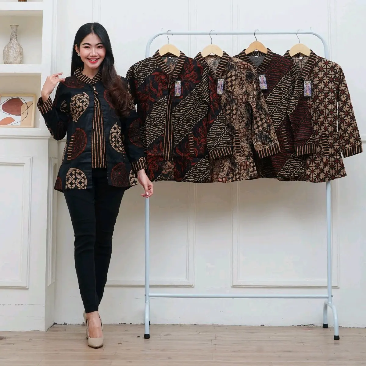Blouse printing hitaman dewasa bahan katun printing halus Kancing