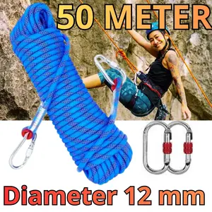 TaffSPORT Tali Karmantel 50 Meter 12mm Safety Panjat Tebing Climbing Rope Outdoor Darurat HW13 dengan Karabiner Kualitas Tinggi untuk Keamanan Maksimal