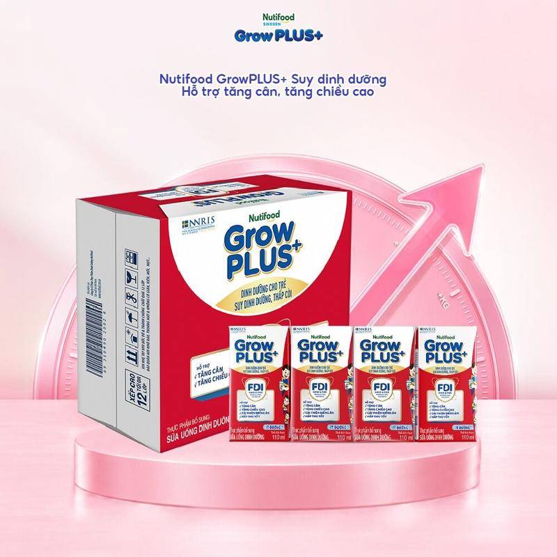 Thùng 24 hộp 110ml Sữa Bột Pha Sẵn Nutifood GrowPLUS+ Suy Dinh Dưỡng (Đỏ) Ít đường -