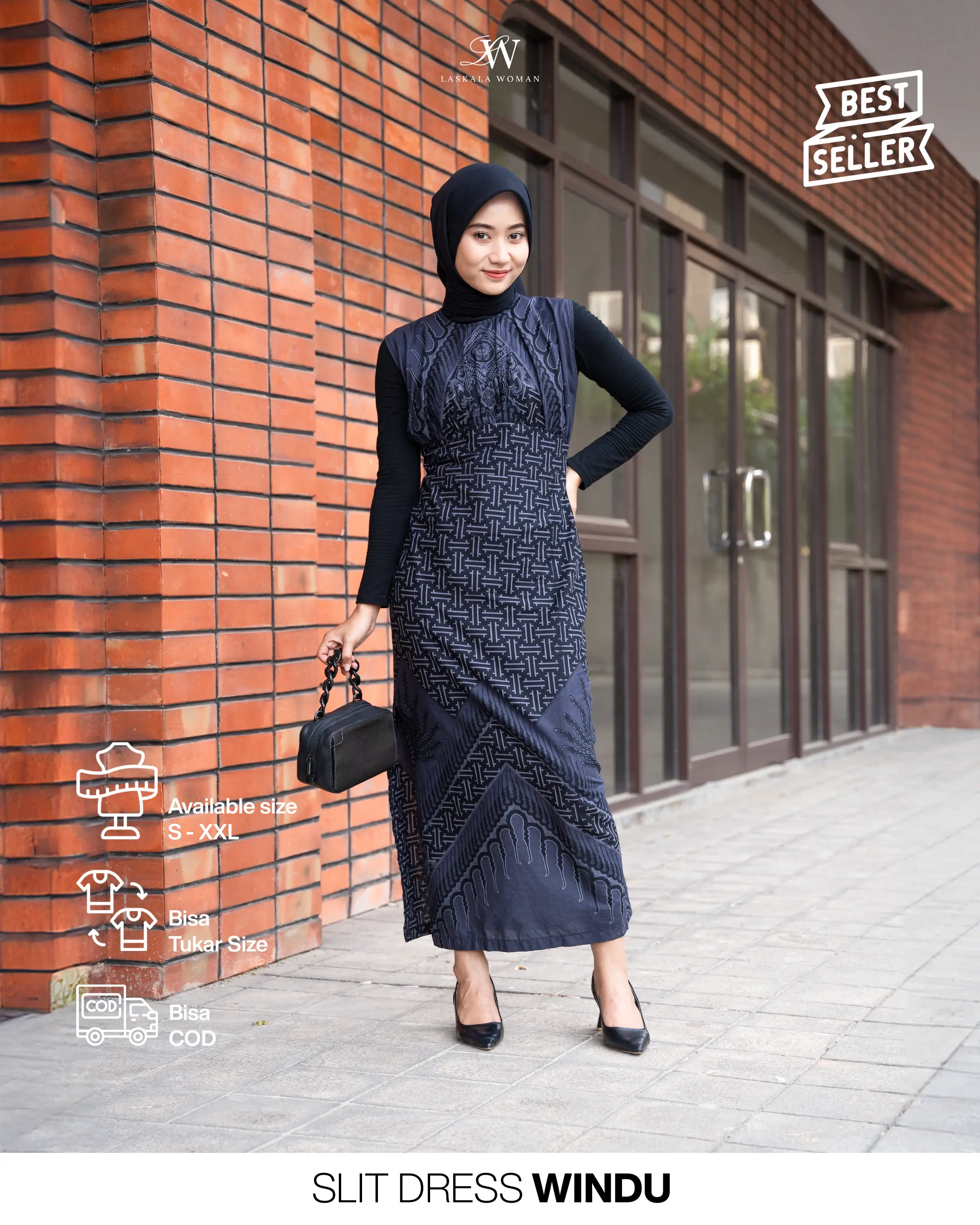 Laskala Woman Windu Dress Slit Batik Navy