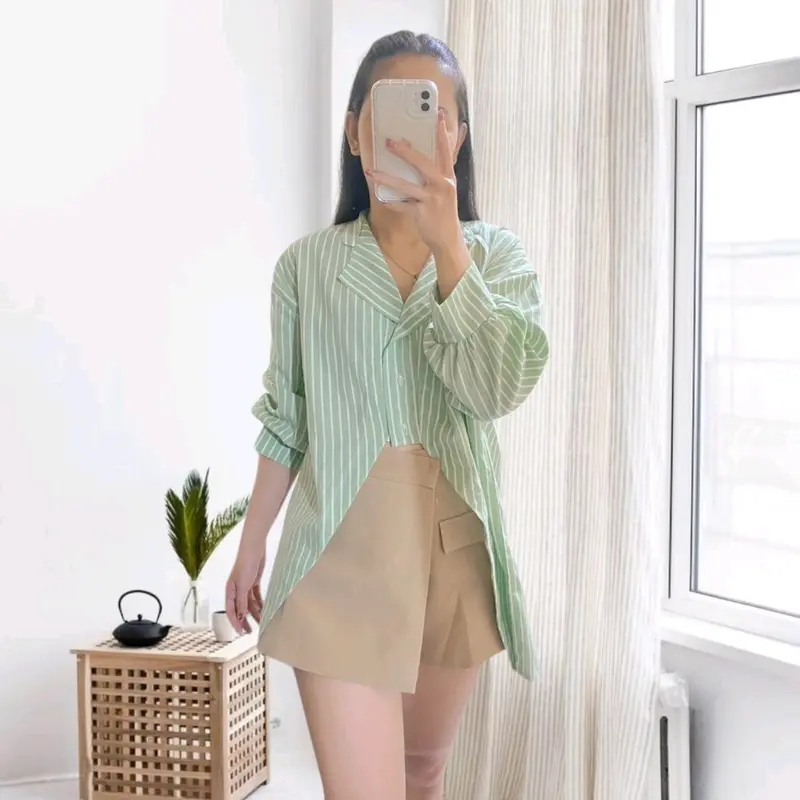 Cotton ( Blue ) 801 Angel Stripe Blouse Korean Style Baju Atasan Kemeja Katun Salur Wanita Korea Kekinian Minimalis Terbaru Elegan dan Modis Garis Garis Lengan Panjang Strip Crop Top Putih Plain Yellow Pastel Premium Hoppy Algiclo Posy id Official Store 0