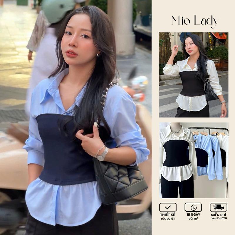  Miolady Áo Sơ Mi Phối Áo Bo Thun Cách Điệu Áo Sơ Mi Phối Crop Thun đi làm đi chơi đi tiệc Áo sơ mi chất Thô Nhật Mềm Mịn Không Khăn Thun đen co giãn ôm Shirt 