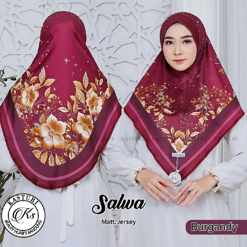Salwa Hijab bergo printing bunga gold segitiga malay non busa Kerudung Wanita Instan Muslim Nyaman Panjang 6