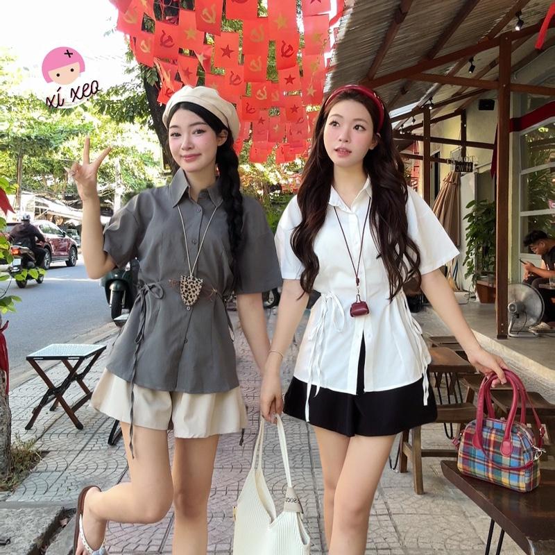 Set áo sơ mi đũi phối dây buộc hai bên eo kèm quần short cạp chun xixeoshop - S160