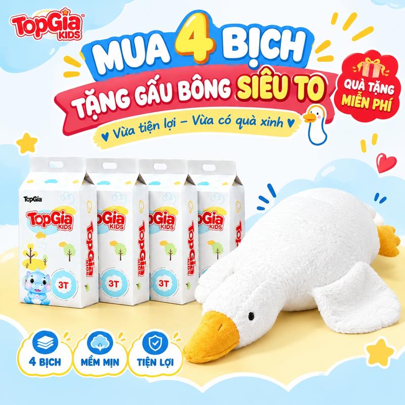 MUA 4 BỊCH TOPGIA KIDS  TẶNG NGỖNG BÔNG SIÊU TO CHO BÉ ÔM NGỦ  – TÃ DÁN THẤM HÚT TỐT, CO GIÃN ĐÀN HỒI, MỀM MẠI