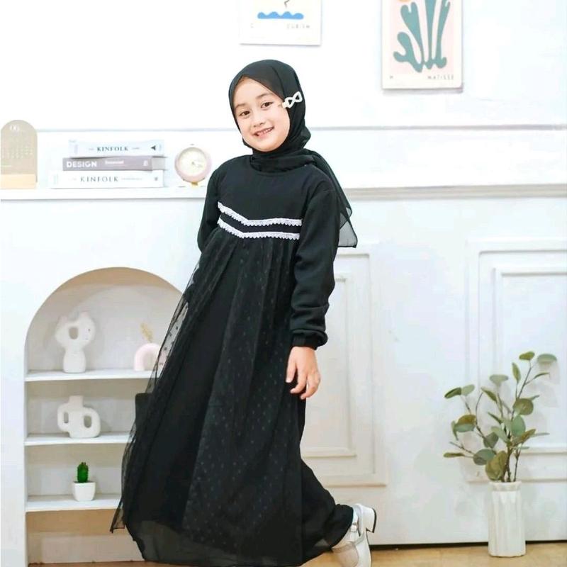 Baju Anak Perempuan Shafa Dress Kids 2024 Bahan Ceruty Plus Pasmina / Gamis Anak Perempuan Terbaru / Fhasion Muslim Anak Cantik Kancing Lembut Nyaman Panjang Mewah Lebaran Pesta Renda 2