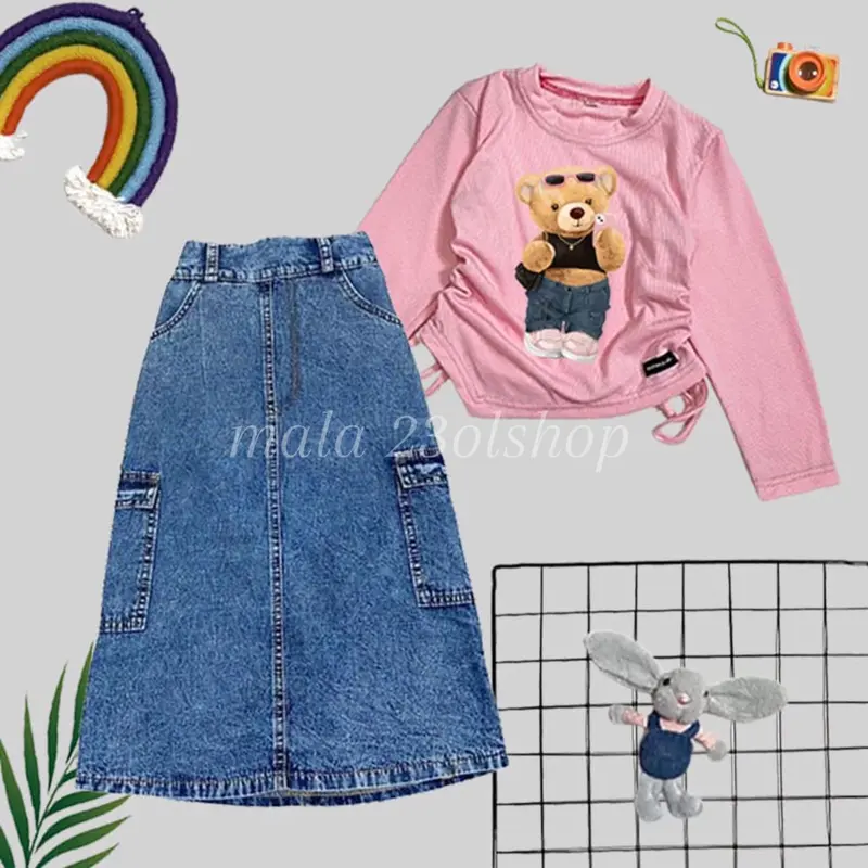 SETELAN ANAK PEREMPUAN / ROK JEANS KARGO & KAOS KNIT SABLON 1