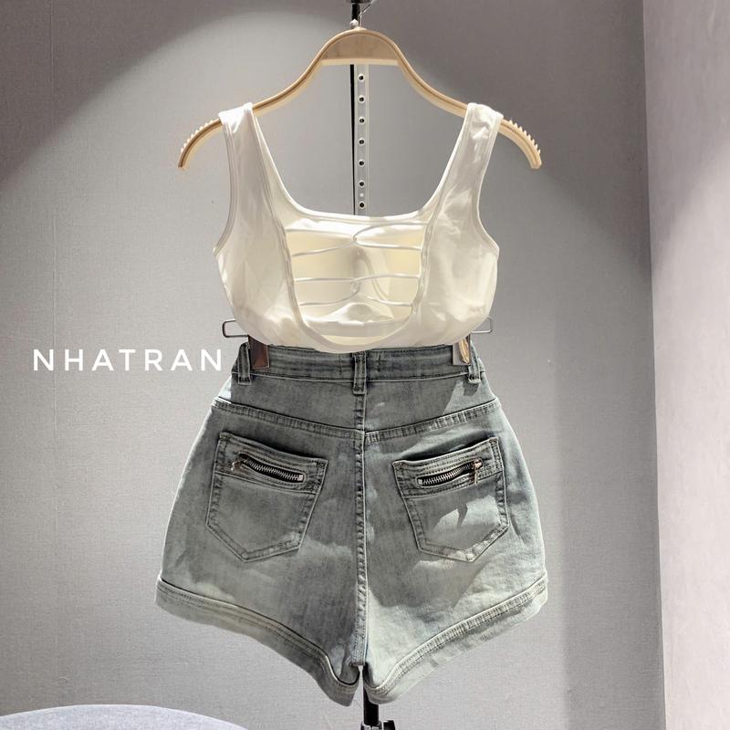 CO DÃN PHOM ÔM - Quần short jean nữ phom ôm cạp cao có túi khóa kéo chất Denim Pants Women AH-501