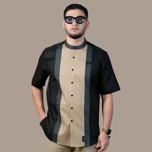 Koko Kurta Lengan PENDEK Pria Dewasa Motif Nabawi Baju Kombinasi Baju Muslim Kurta Kain Toyobo Slimfit Semi Katun Putih Pendek Import Grade A