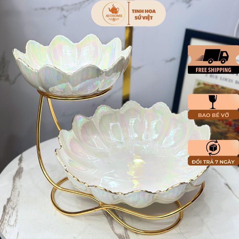 Khay Sứ 2 Tầng Đựng Bánh Kẹo Hoa Quả - Màu Ánh Ngọc - Hàng Đẹp Sang Trọng Decor Tết