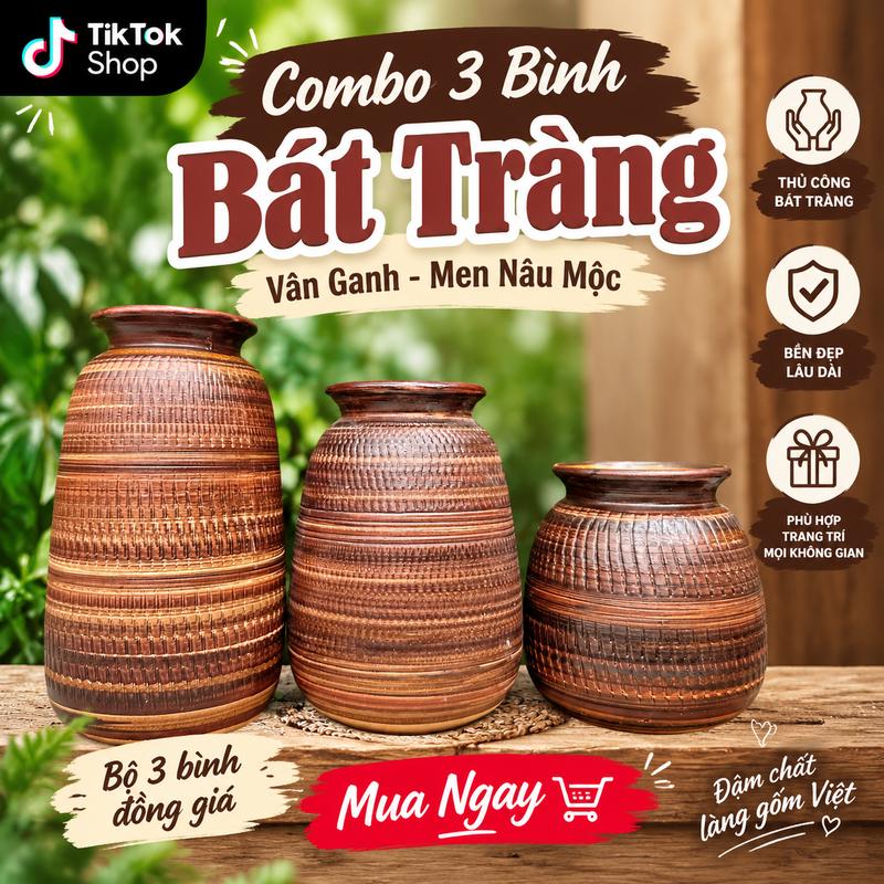 Combo 3 Bình Mộc Cắm Hoa, decor, Gốm Sứ Bát Tràng