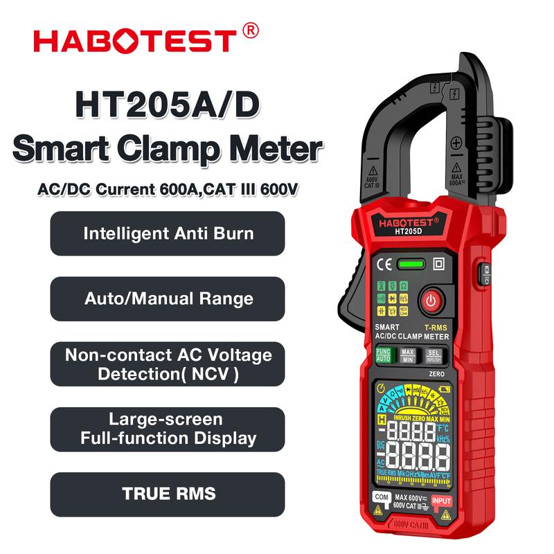 Máy đo kẹp kỹ thuật số, HABOTEST HT205D, True RMS, 600A, Máy đo Ampe dòng điện AC / DC, Đo điện áp dòng điện, Máy kiểm tra nhiệt độ