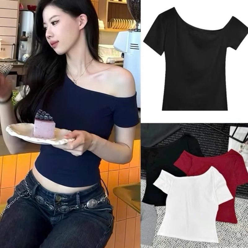 A52 Áo Thun Kiểu Cổ Trễ Vai 1 bên Dáng Tay Ngắn Ôm Body Tôn Dáng Phong Cách Mới Chất Thun XỊn size dưới 53kg