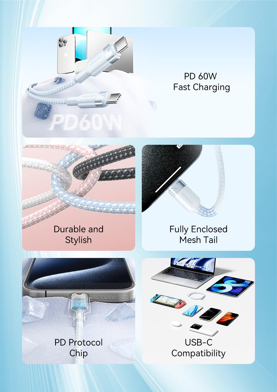 Vention Kabel Data USB Type C to C Male 3A PD 60W Fast Charging