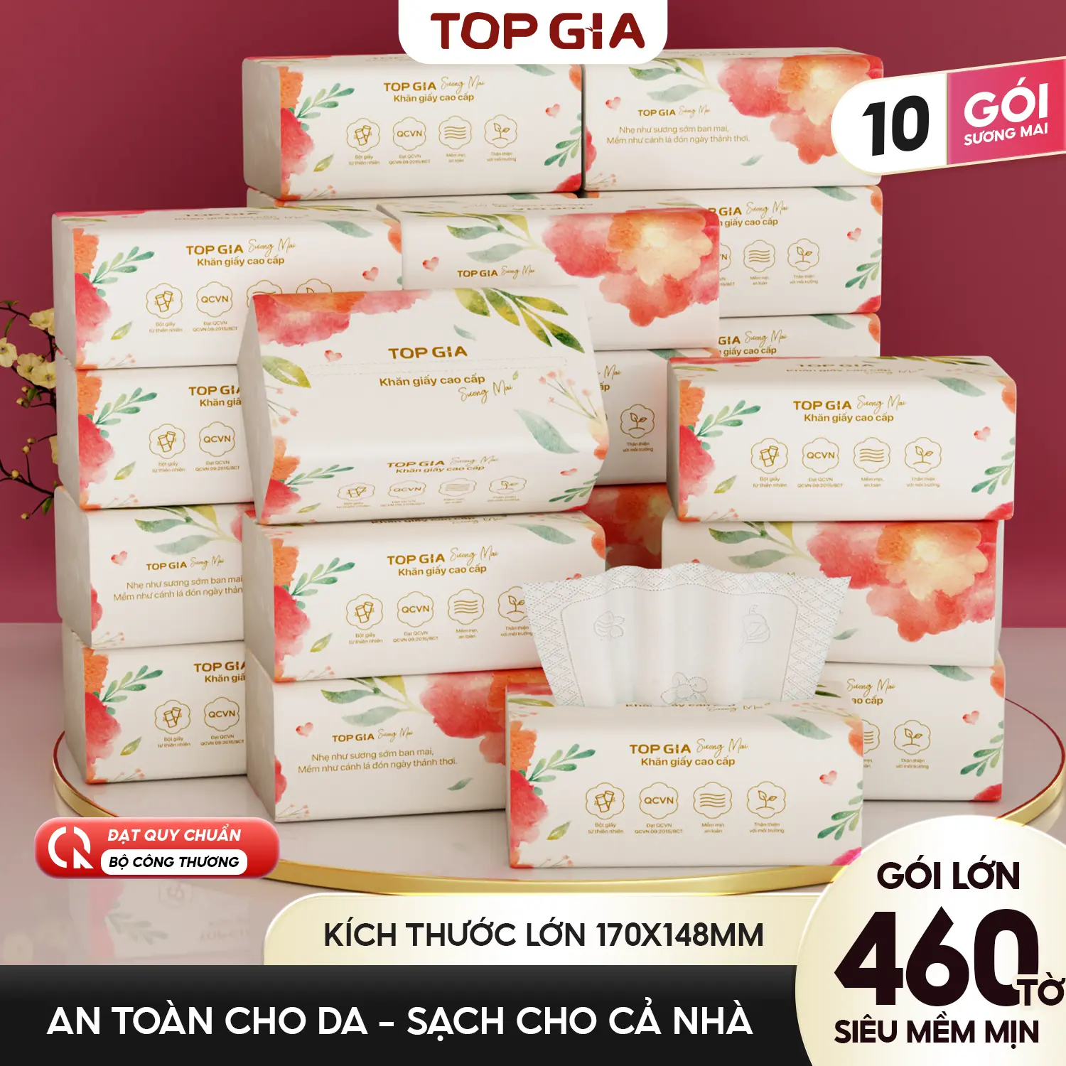 [4600 TỜ - GÓI SIZE KHỦNG] - SIÊU DAI / MỀM MỊN - Thùng 10 Gói Khăn Giấy Ăn TOP GIA - 460 TỜ / 115 LƯỢT RÚT CỠ ĐẠI SƯƠNG MAI Dập Vân 4D - Tờ Siêu Dai,  Bản To - Khăn Giấy Cao Cấp  - Mềm Mịn - Thấm Hút Tốt, ĐẠT QUY CHUẨN CỦA BỘ CÔNG THƯƠNG VTG83