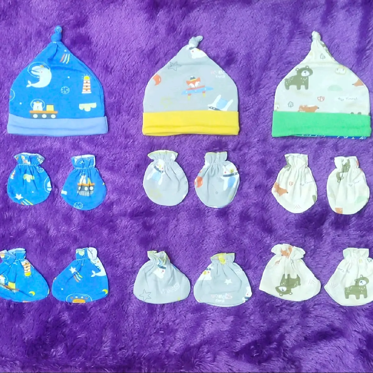 Satu set topi sarung tangan dan kaki  bayi baru lahir Newborn Topi bayi full motif set topi termurah Set topi sarung tangan dan kaki bayi premium Newborn 0-3 bulan bayi baru lahir Popok