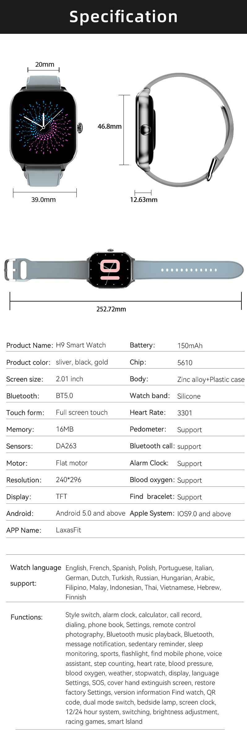 Product Introduction of Đồng Hồ thông minh H9, Đồng Hồ đeo tay, Có Cuộc Gọi Bluetooth, Đếm bước, Sạc cáp từ tính, Theo dõi giấc ngủ 21