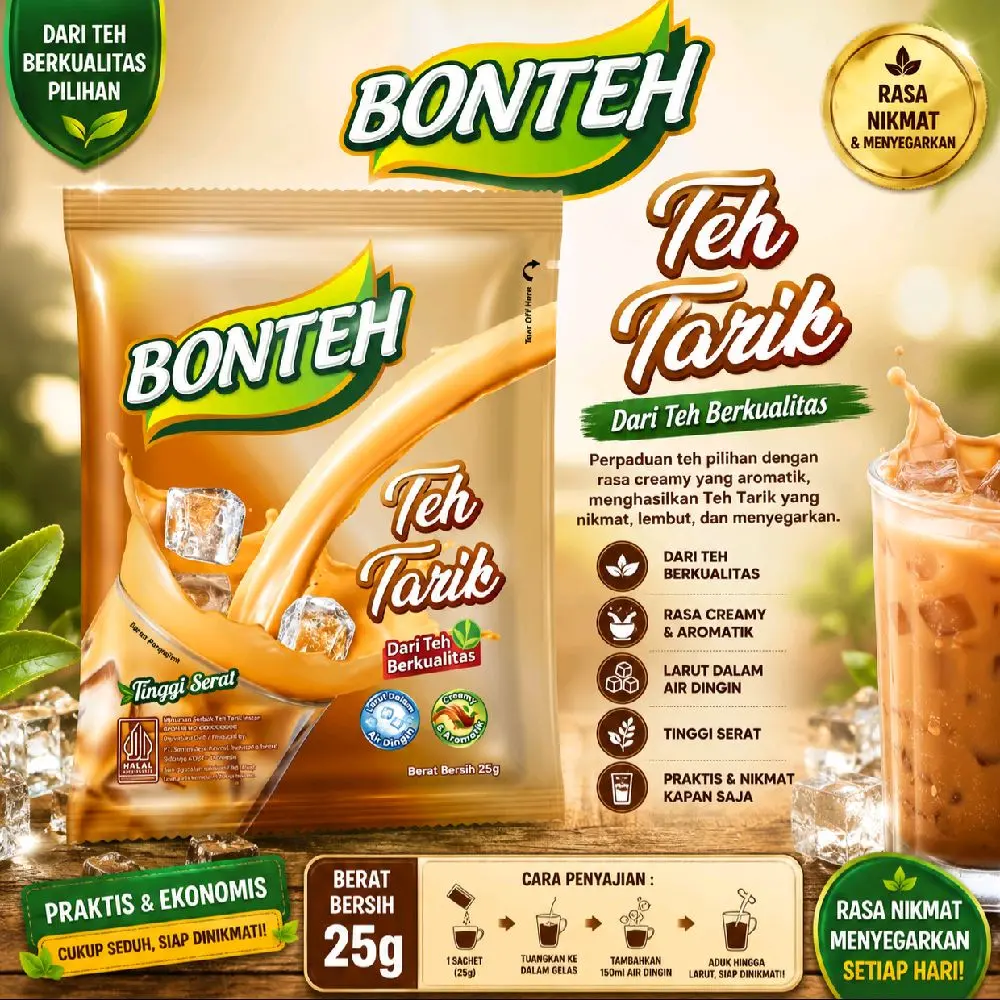 BONTEH Teh Tarik 25g 1 Renceng Original | Minuman Teh Tarik Creamy Instan Larut Air Dingin