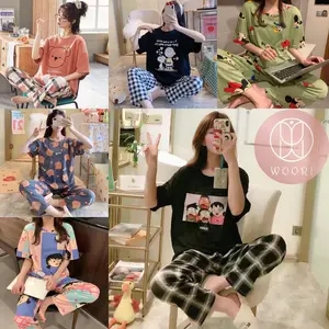 WOORI Baju Tidur Wanita Dewasa | Piyama Wanita Set | Baju Piyama Set Lengan Pendek