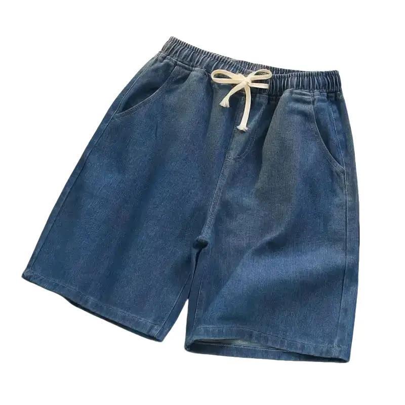  Quần short Denim cạp cao có dây rút phong cách trẻ trung unisex quần thun ống rộng co giãn thoải mái  M42  