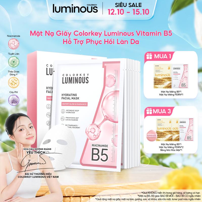 Mặt Nạ Giấy Vitamin B5 Colorkey Luminous Cho Mọi Loại Da Hỗ Trợ Cấp Ẩm Làm Dịu & Phục Hồi Da (10 Miếng/Hộp)
